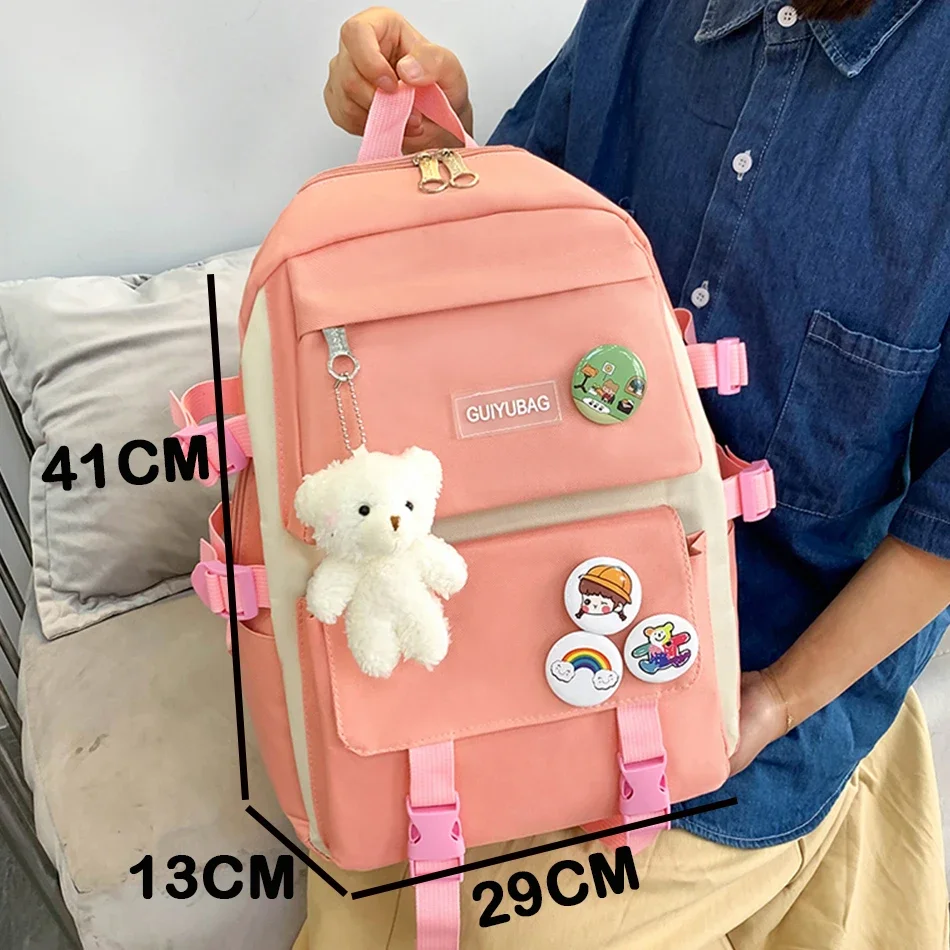 5-częściowy płócienny tornister Kawaii dla nastoletnich dziewcząt College Cute Backpack Purse Large Capacity Satchel Student Shopper Rucksack 2024