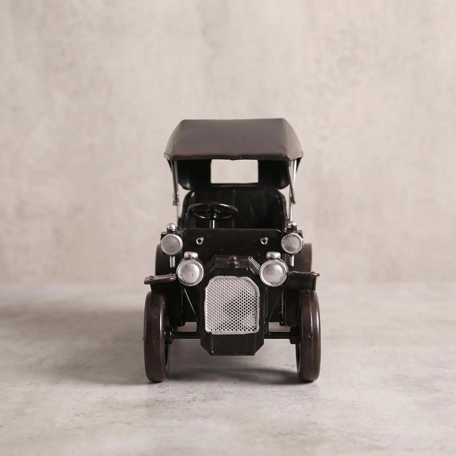 Classic Vintage Car Iron Model Sturdy Wrought Build Spoked Wheels Canopy Top Decorative Display Piece for Living Room Office