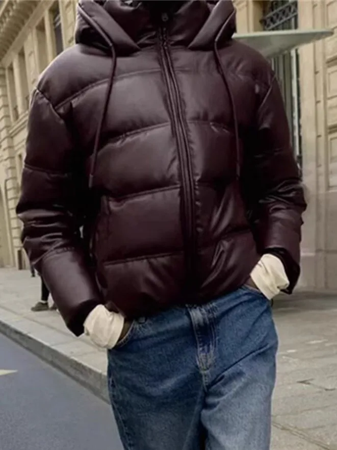 

Winter Thiened Leather-Like down Jaet Women's Waterproof Bread Sle Coat with Hood ort Outerwear Straight Cut Simple