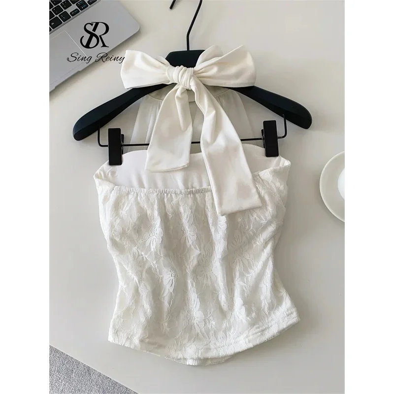 Nolia Halter Mesh Lace Short Tank Female Sleeveless Bow Design Slim Backless Camisole Floral Solid Hollow Out Party Top 5d4;