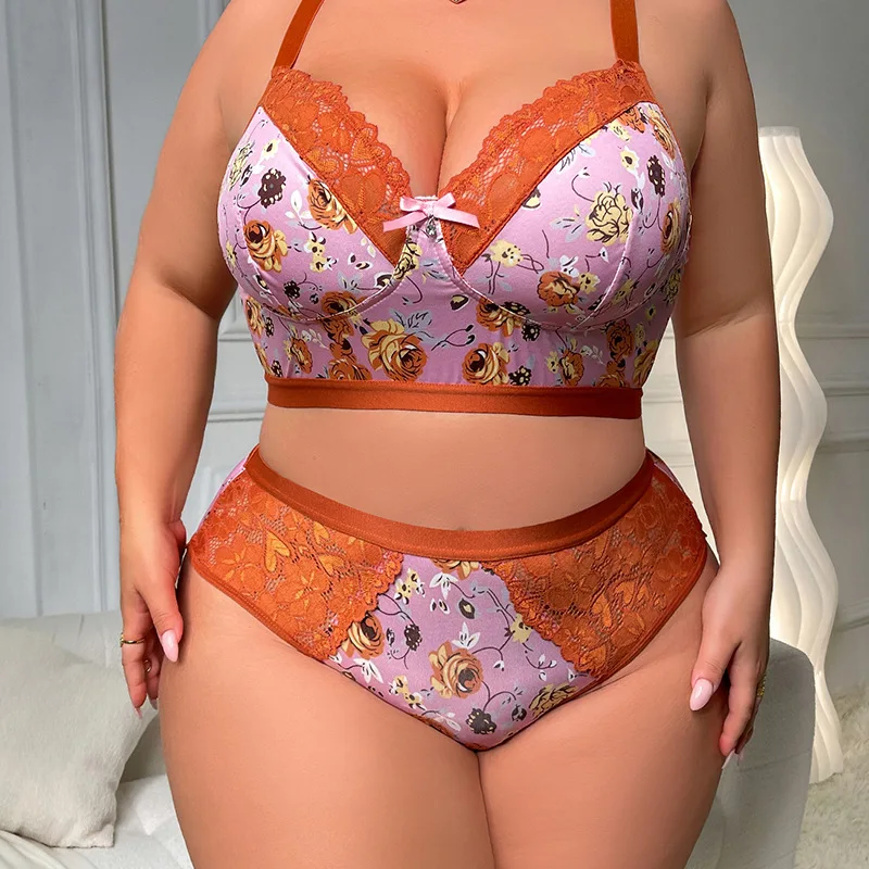 

Peony Print Plus Size Women Thin No-Underwire Comfortable Backless Bra Set Anti-Sagging XL 2XL 3XL 4XL