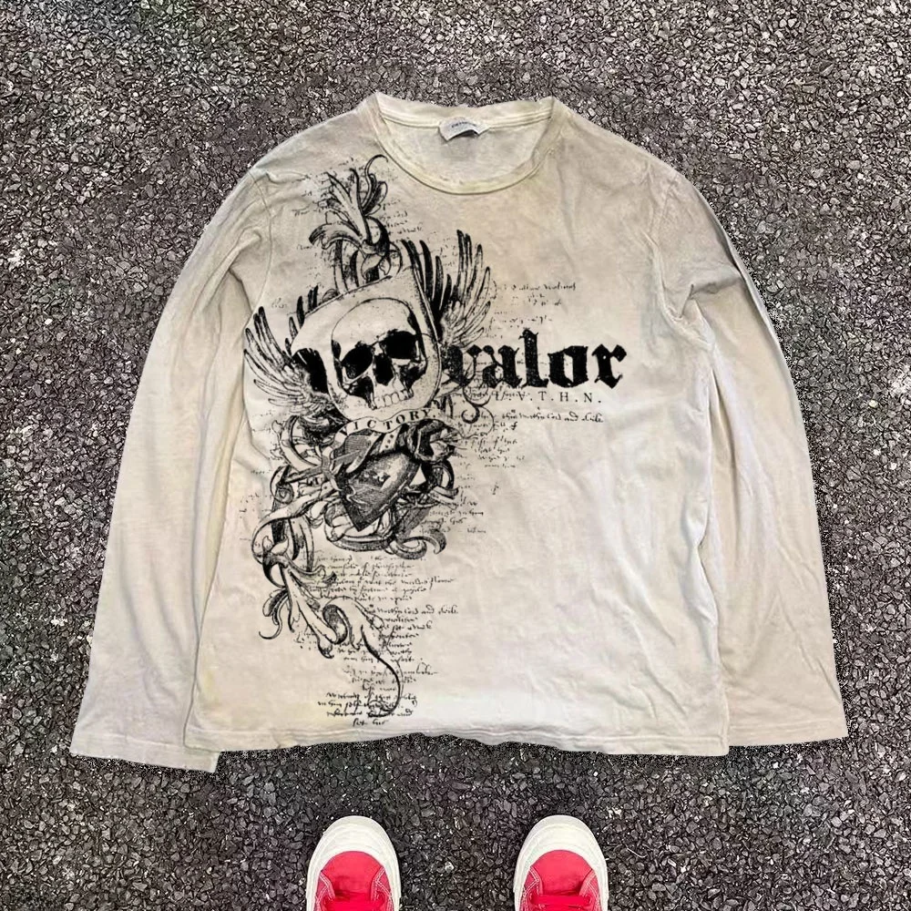 

k Artist Skull Long T-irt 80G Dir Cotton Breathable Loose Fit Men's Casual round Ne T-irt Neutral Sle Skeleton ...