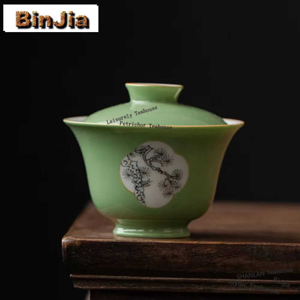 

110Ml Hand-Painted Pine Thin Tire Gaiwan Handmade Gold-Banded Sopera Zen Tea Tureen Brewing Cover Bowl Cha Teaware Craft