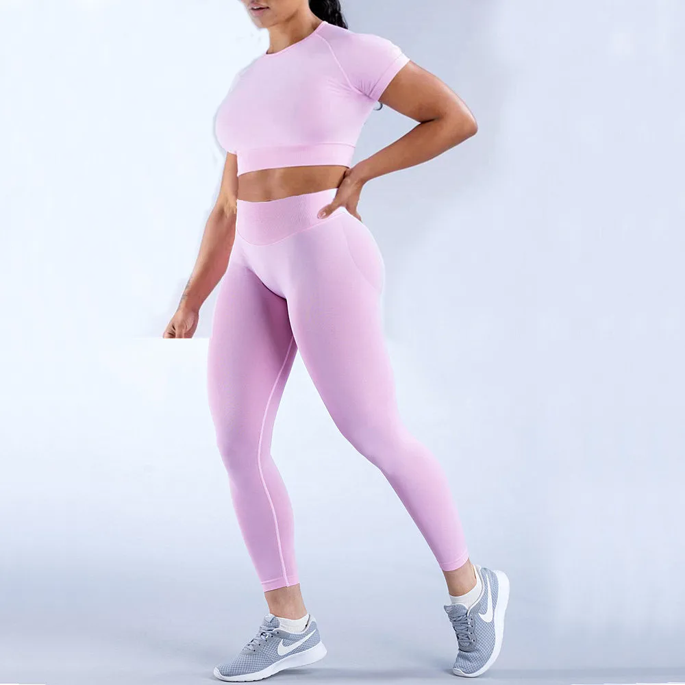 Impact 2Pieces Seamless Yoga Set Women Workout Short Sleeve Top Sport Crop Top Scrunch Bum Leggings Fitness Pants Tight Gym Suit