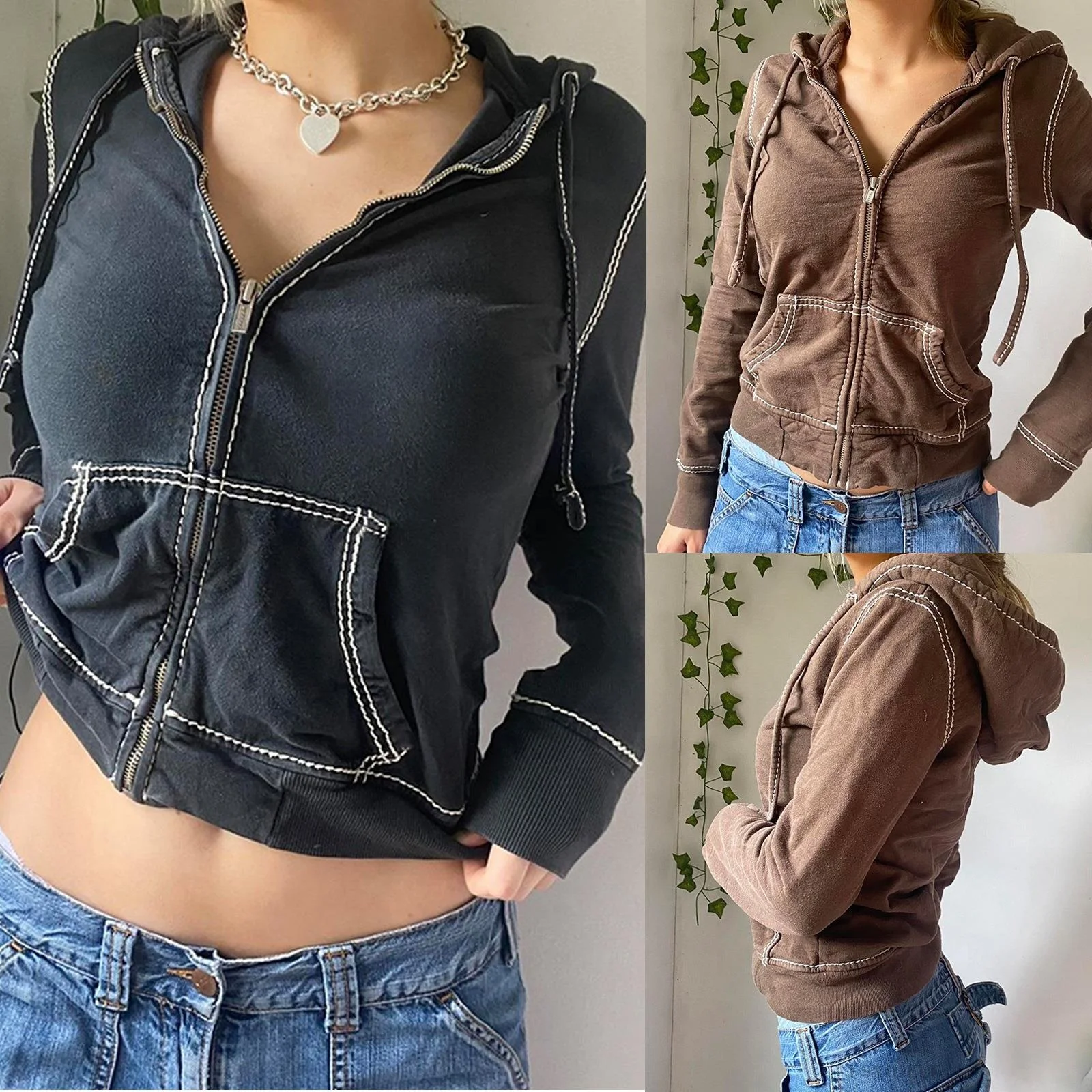 

Women's Hooded Zipper Sweatirt Jaet Sports Cardigan ort Coat Long Sve Cotton Color Autumn Faion Ladies' Oute...