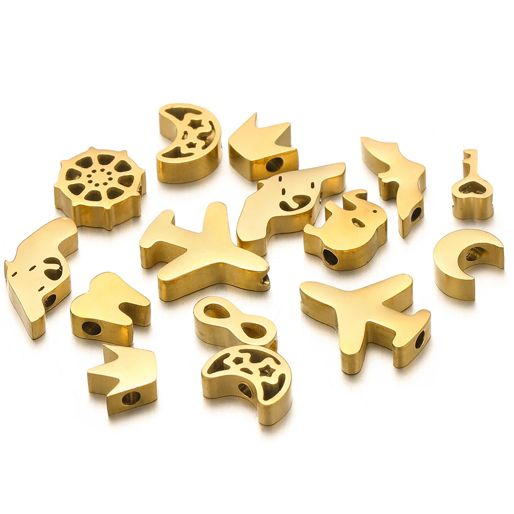 5pcs Gold Color Stainless Steel Moon Star Crown Beads for Necklace Bracelet Charms DIY Jewelry Supplies Findings Accessories