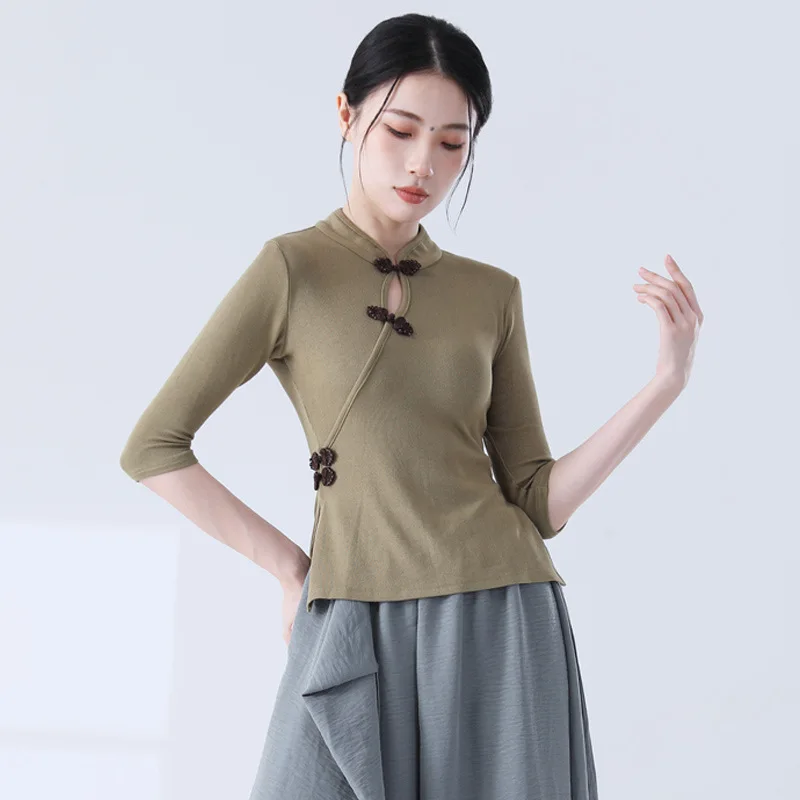 

Classical dance hollow top, disc-buckled cheongsam collar, medium-sleeved practice clothes, slim-fitting and thin body clothes
