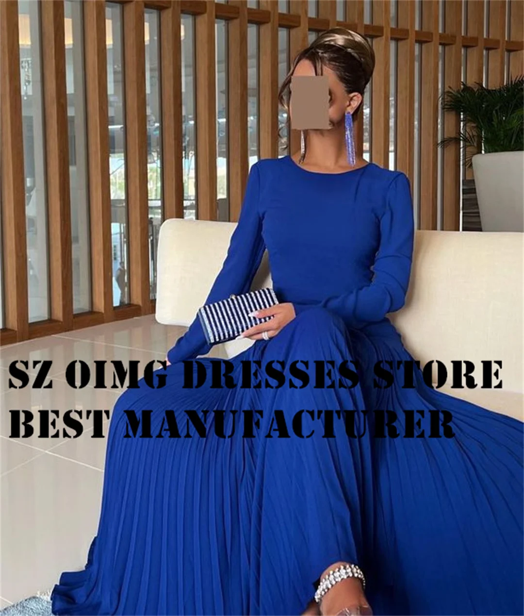 OIMG Elegant A-Line Ruched Prom Dresses Long Sleeves O-Neck Floor Length Satin Ruched Blue Evening Gowns Formal Party Dress