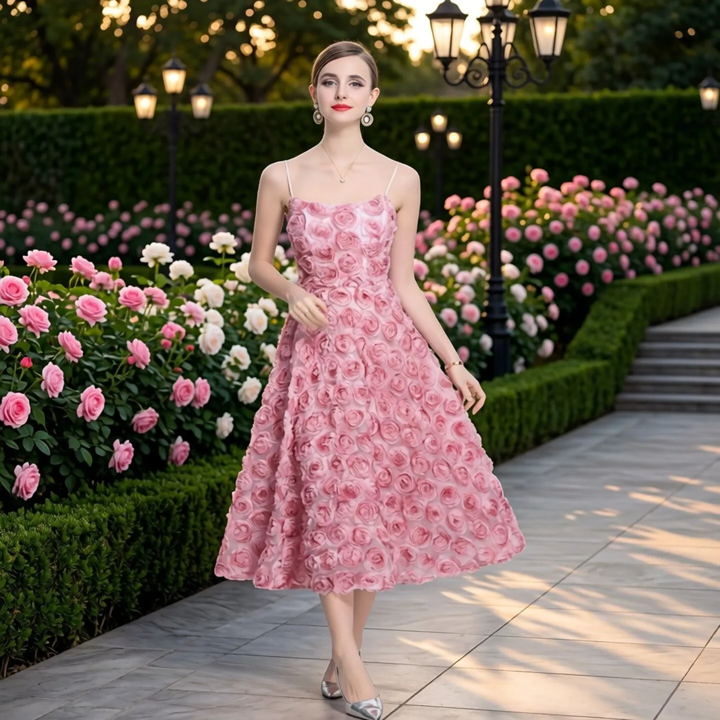

Elegant 3D Floral Sexy Strap Dress British Style Large Size Long Dress High Waist Print Casual City Commute Street Style Date