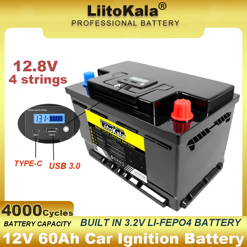 12V 60AH 4s LiFePO4 Battery Lithium Power Batteries 4000 Cycles for 12.8v Inverter Car lighter Solar Wind +14.6V 10A Charger