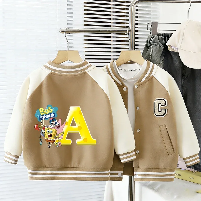 Chaqueta de béisbol de Bob Esponja, con un diseño de dibujos animados, bordados con letras, estilo cárdigan, estampado kawaii, abrigo, ropa de abrigo para otoño e invierno.