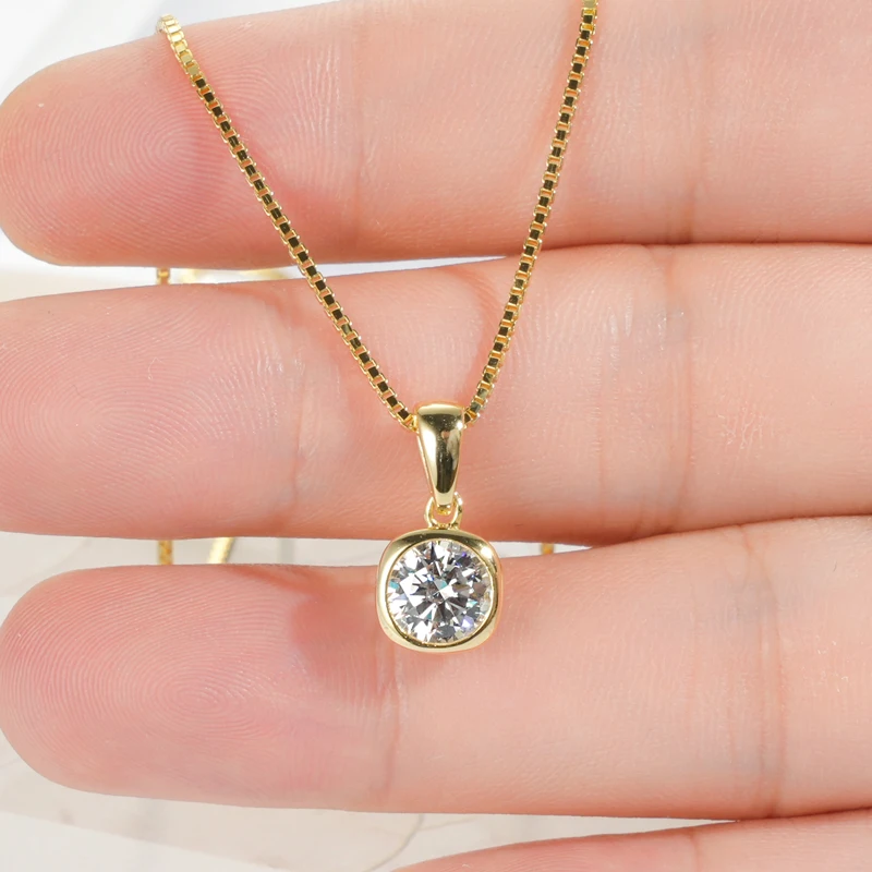 Lnngy 6.5mm 1ct Round Moissanite Necklace 925 Sterling Silver Box Chain Necklaces for Women Collares Mujer Fashion Jewelry Gift