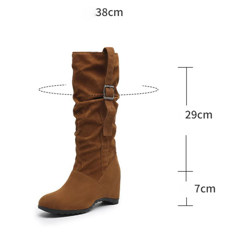 

ORCHA LISA 2025 Fashion Women's Boots Round Toe 7cm Increased Heel Slip On Flock Suede Belt Buckle Plus Size 41-43 Dating