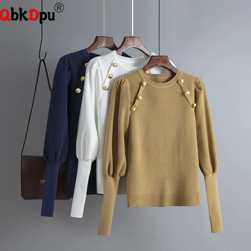 

Chic Design Knitted O-neck Sweater Tops Women Fall Winter Slim Long Sleeve Knitwears Pullover Blusas Korean Solid Khaki Sueter