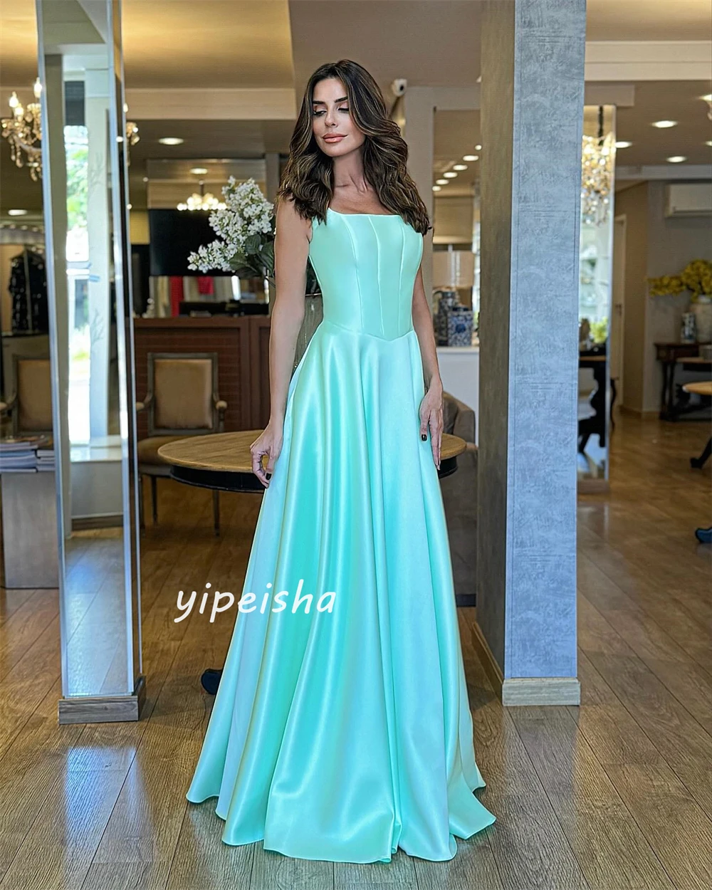 Satin Ruched Beach A-line Square Neck Bespoke Occasion Gown Long Dresses