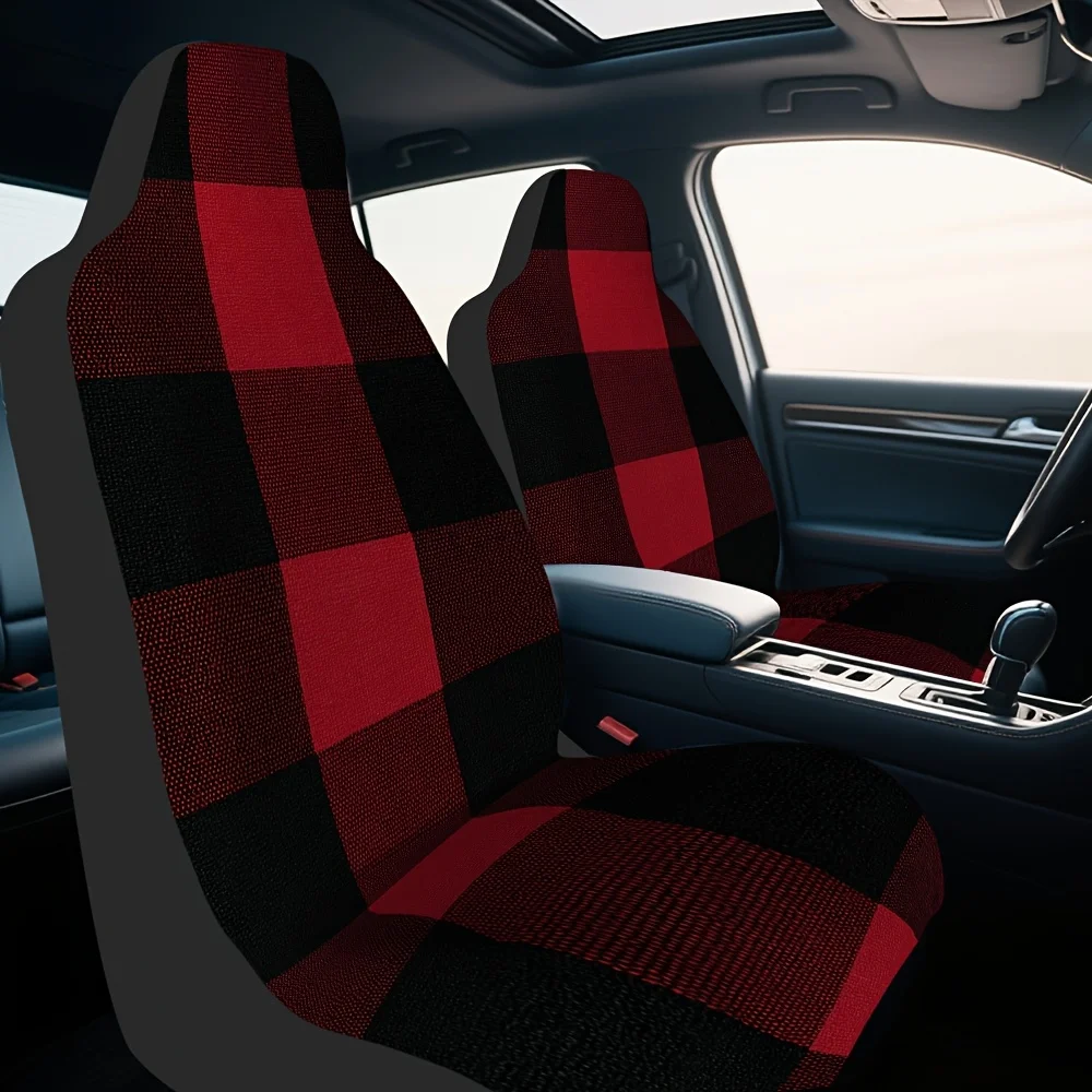 2pcs Buffalo Check Plaid Car Seat Covers - Stylish Red & Checkered Design, Durable Polyester, Fit For All Cars, Machine Washable
