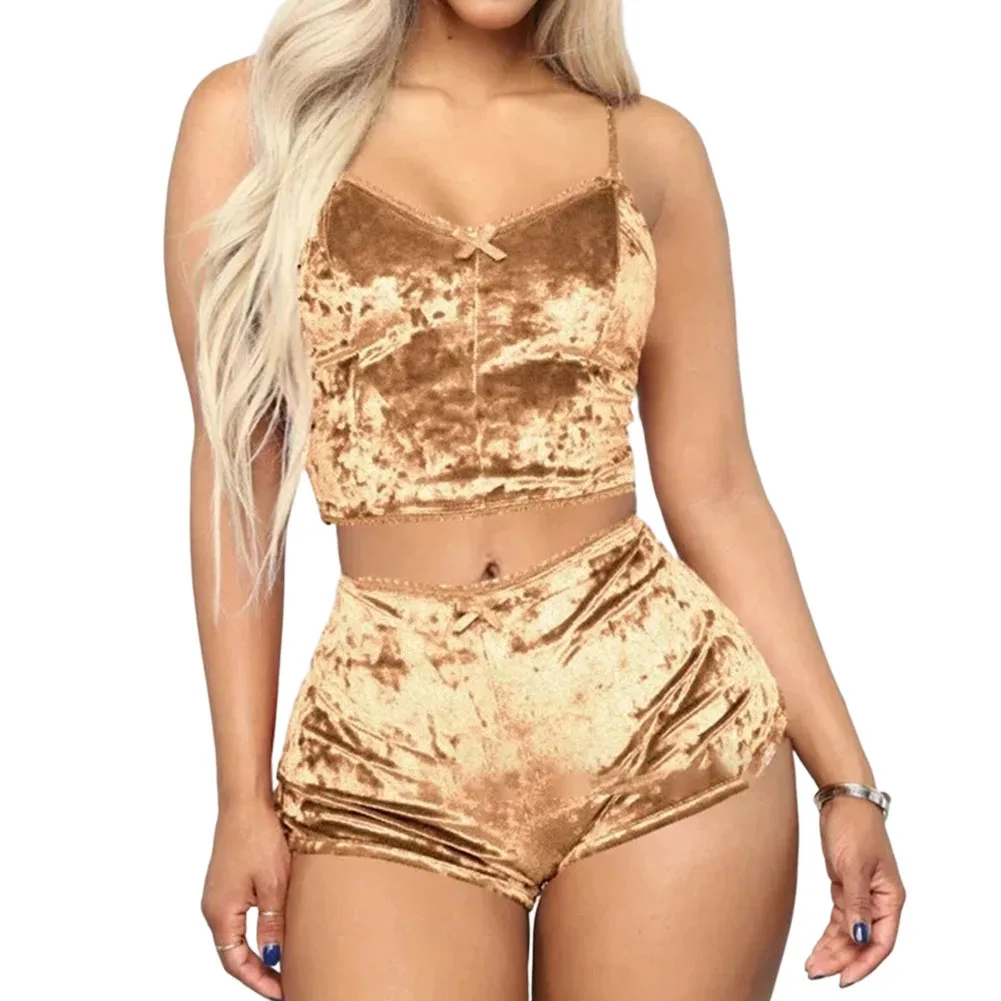 Purple Color Women's Slimming Pajama Set Velvet V-neck Spaghetti Strap Underwear T-shirts And Shorts Suit Female