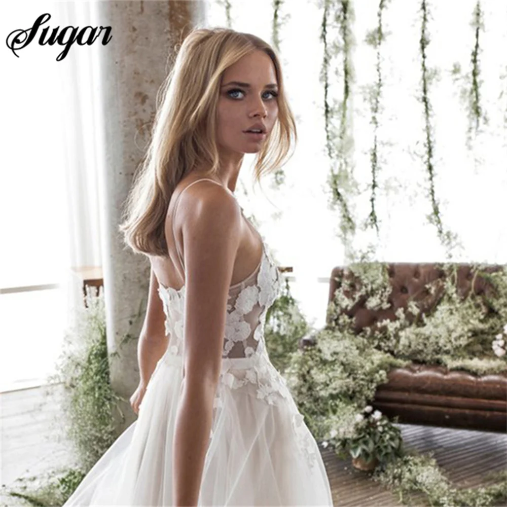 Elegant Fairy Wedding Dress Summer 2023 A-Line Spaghetti Straps Appliques Tulle Sweep Train Bridal Gown Vestidos De Noiva