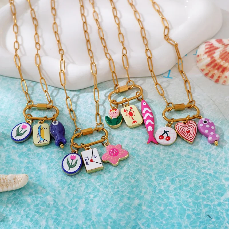 Ceramic Fish-Shaped Tulip Necklace with Multiple Tags, Titanium Steel Chain
