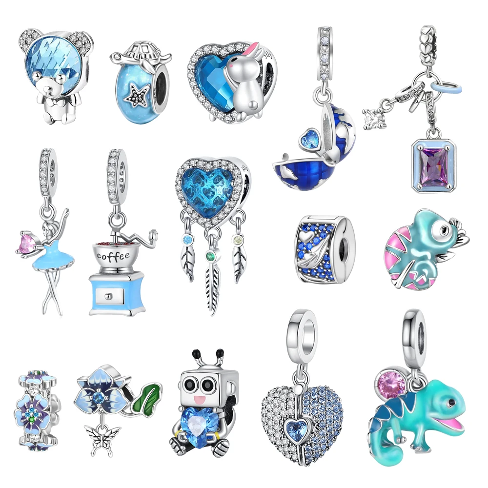 Blue Series 925 Sterling Silver Lizard Heart Robot Coffee With Flower Charms Fit DIY Bracelet Necklace Casual Party Gifts