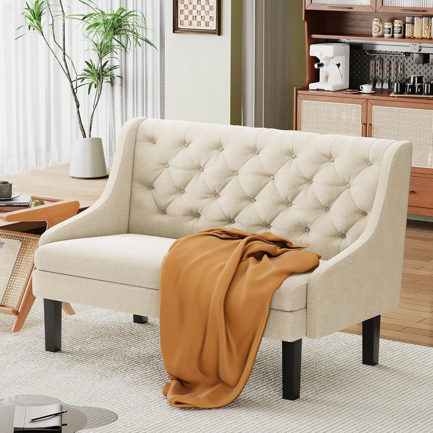 Modern Tufted Button Back Upholstered Loveseat for Dining Room Hallway or Entryway Seating,Ivory