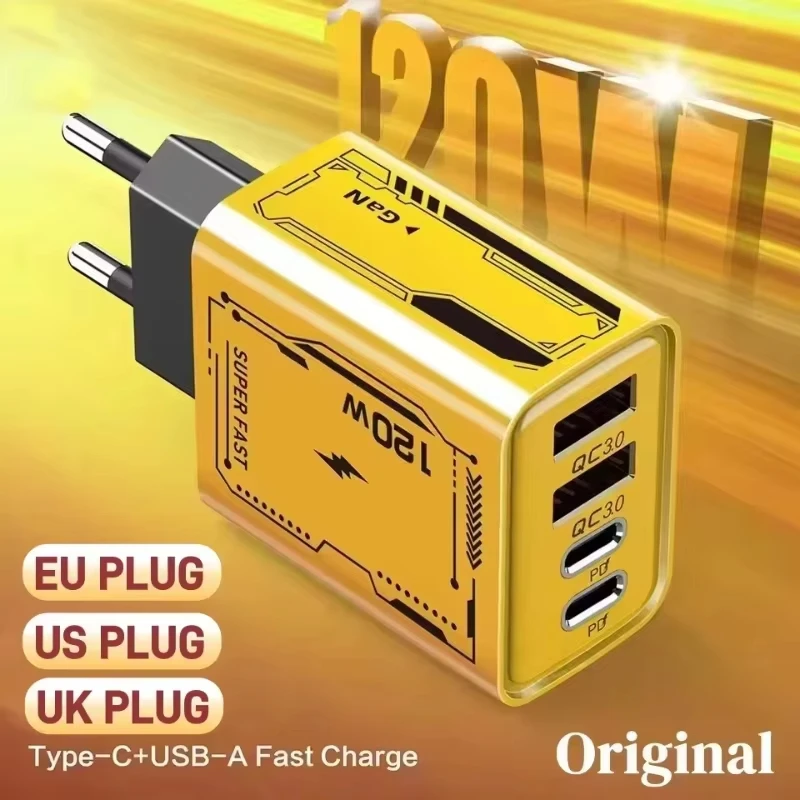 Carregador Original 120W EU/UK/US com 4 Portas, Carregamento Ultra Rápido Tipo-C GaN, Adaptador Universal para Telefone USB-C QC 3.0