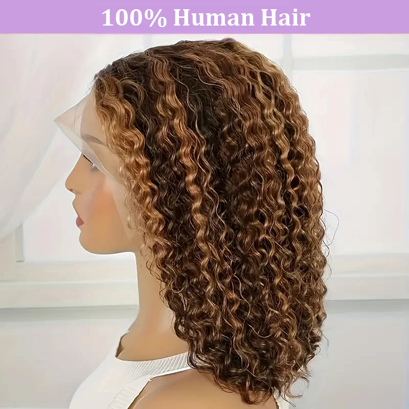 Short Curly Human Hair Bob Wigs Highlight Ombre Water Wave Honey Blonde Colored 13x4 Full Frontal Wig Transparent Lace Bob Wig