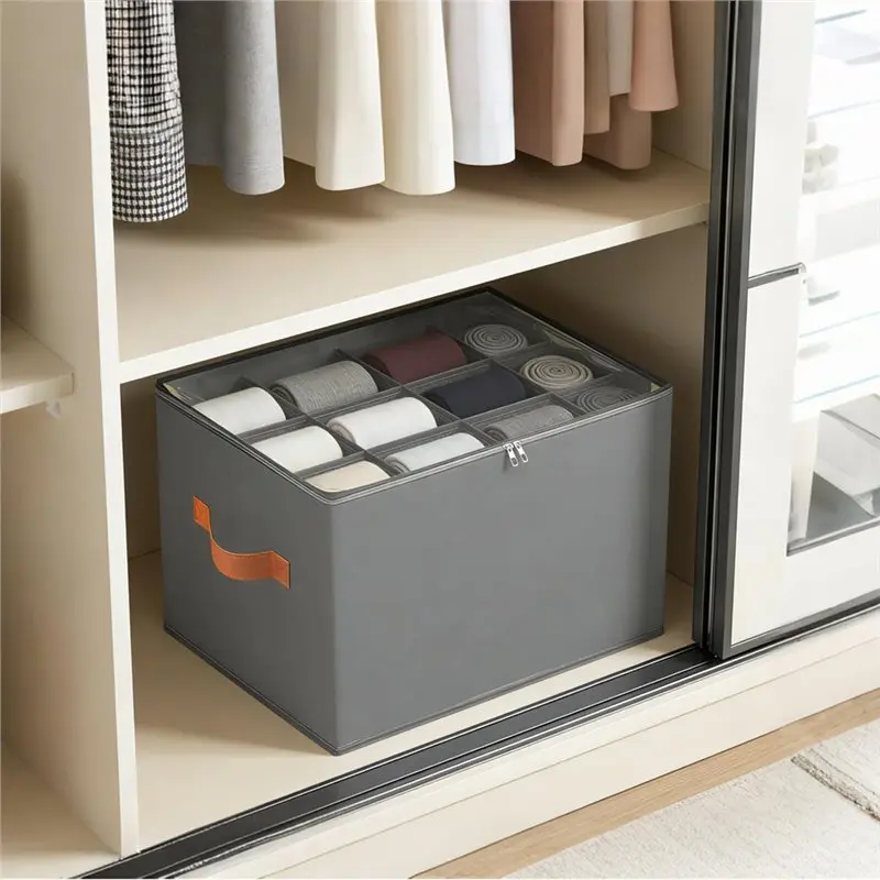 DT19 Foldable Shoe Storage Box with Clear Lid, 12-Compartment Fabric Shoe Organizer for Closet & Wardrobe