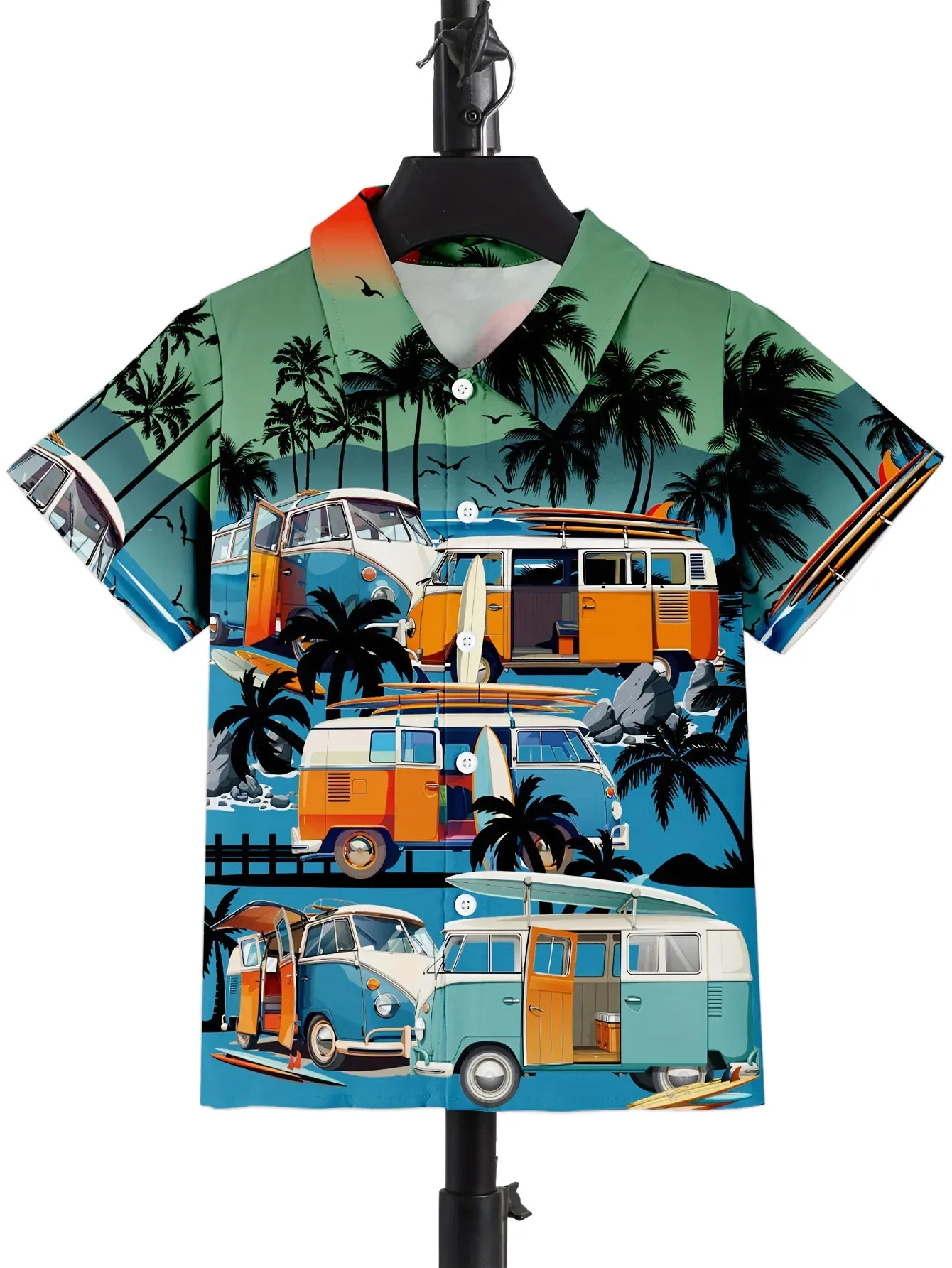 Hawaiian Beach Camping Bus Print Boys Novel Casual Short Sleeve Lapel Shirt Children Tops Clothes Comfortable Casual Wear