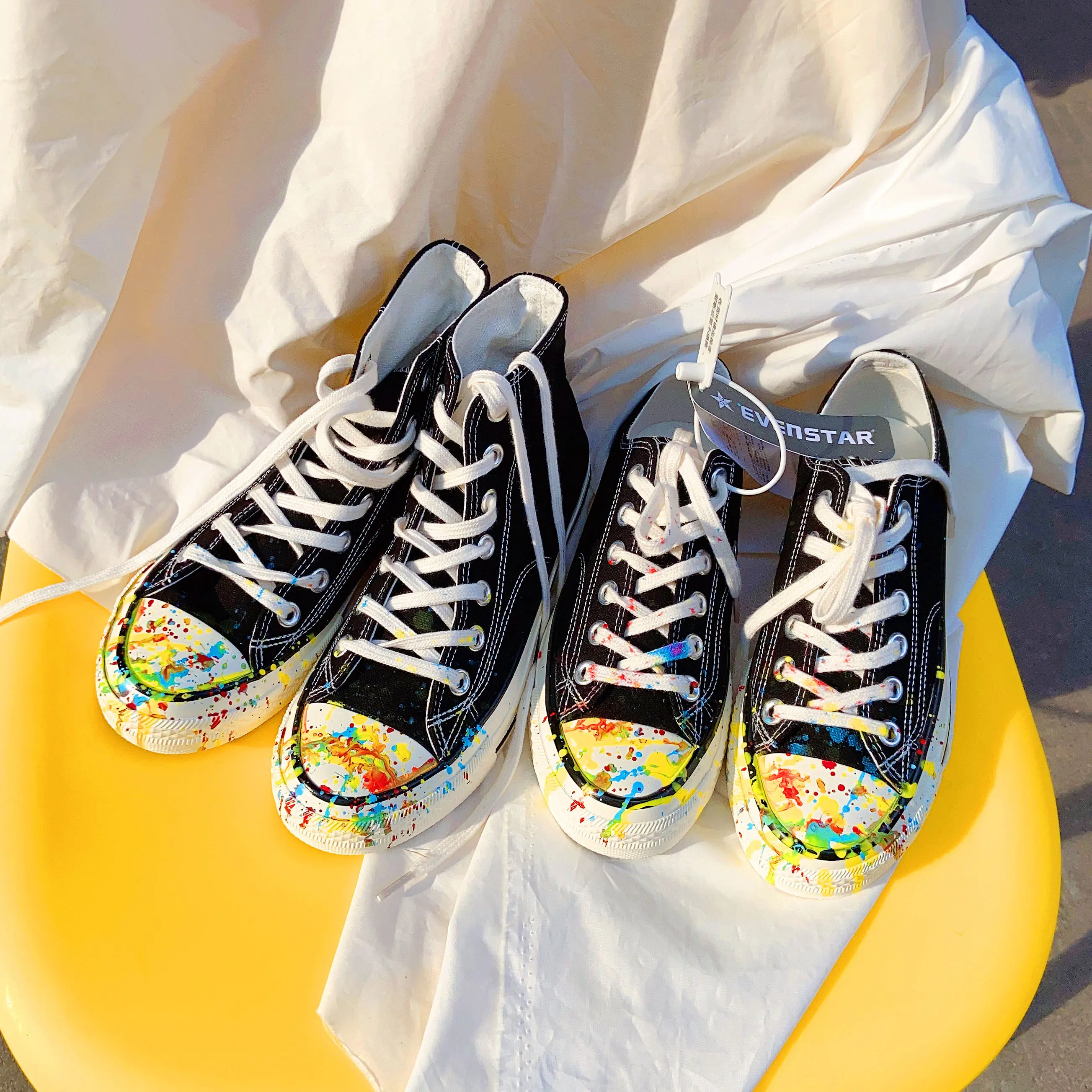 Women's Korean Style Black High-top Canvas Sneakers With Hand-painted Colorful Splash Design Casual Streetwear Shoes