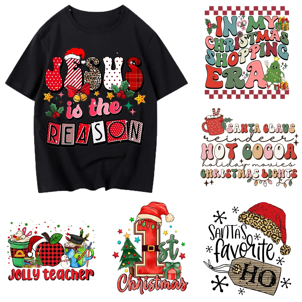 Christmas Iron On Heat Transfer Stickers For Clothes DTF Pinted Vinyl Thermal Appliques Washable T-Shirt Decal