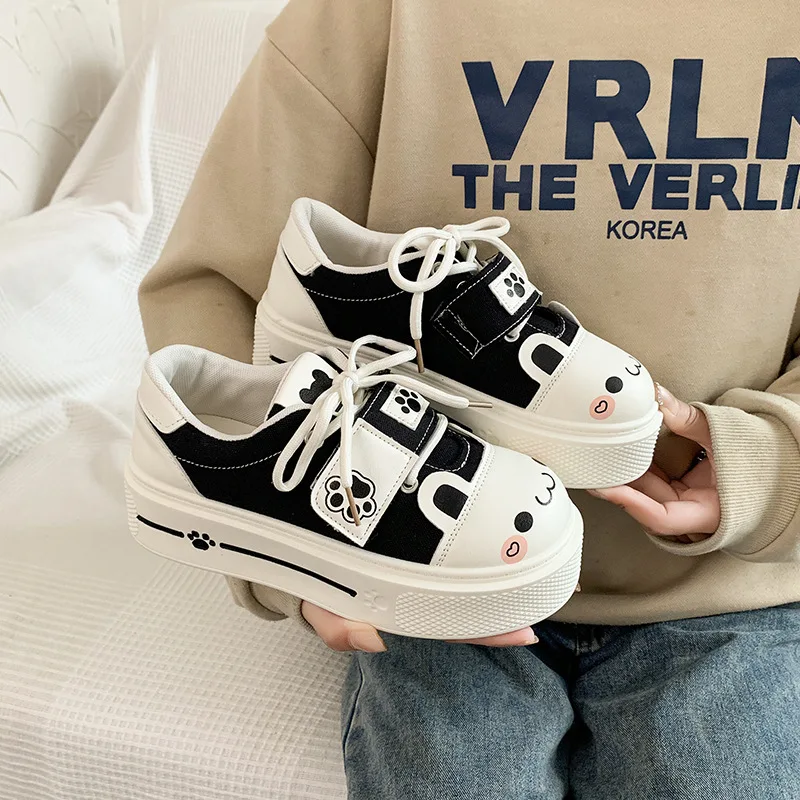

New Cute Bear Platform Canvas Shoes Women Adjustable Strap Lace Up Sneakers Kawaii Cartoon Non Slip Casual Walking Shoes