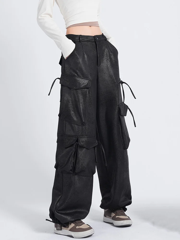 QOERLIN-Pantalon Cargo en Faux Cuir à Poches Multiples, Jambes Larges, Noir, Taille Haute, Surdimensionné