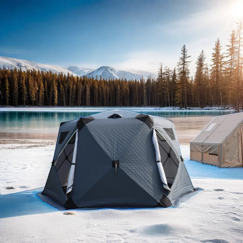 Automatic Opening Six-Sided Waterproof Oxford Fabric Ice Fishing Tent Quick Cube Nail One Bedroom for Snowfield Camping-Gray Ice