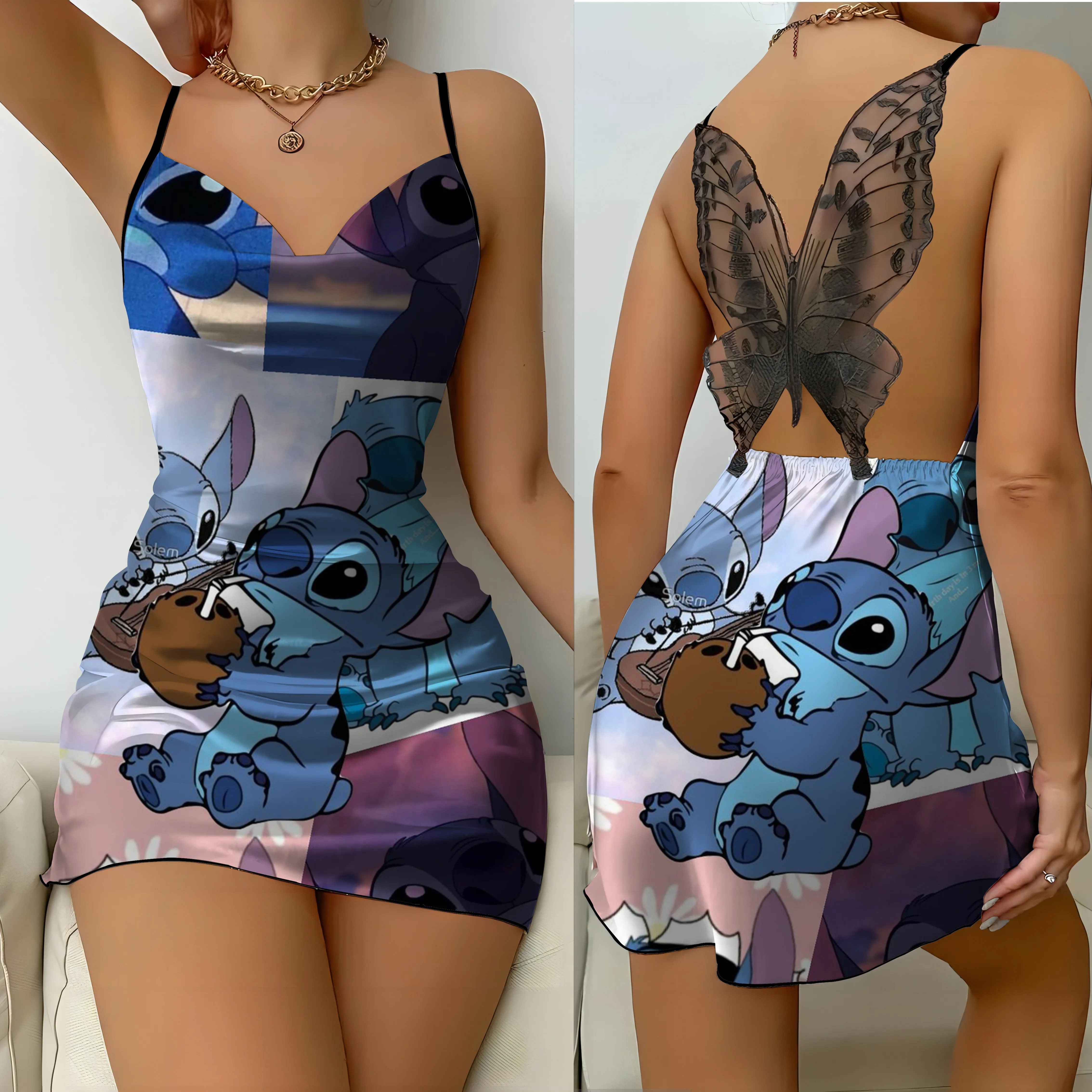 Sukienka bez pleców Sukienki damskie Satynowa powierzchnia Kokarda Węzeł Stitch Piżama Spódnica Disney Moda Lato 2024 Impreza Mini Seksowna Koronka Disney