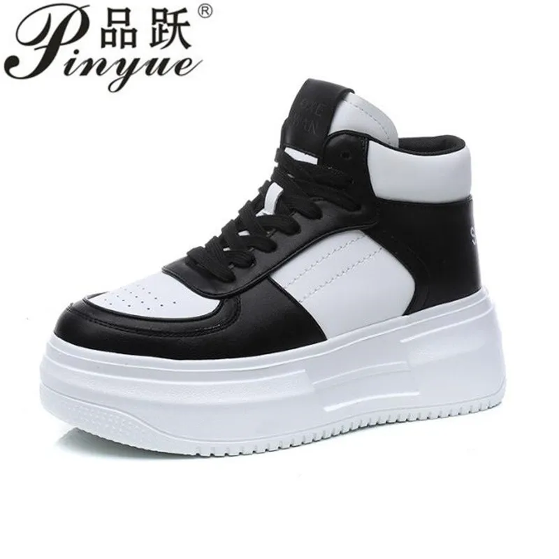 

6cm White Platform Women's Sneakers Spring Lace-Up Thick Bottom Vulcanize Shoes Woman Genuine Leather Breathable Sports Shoes