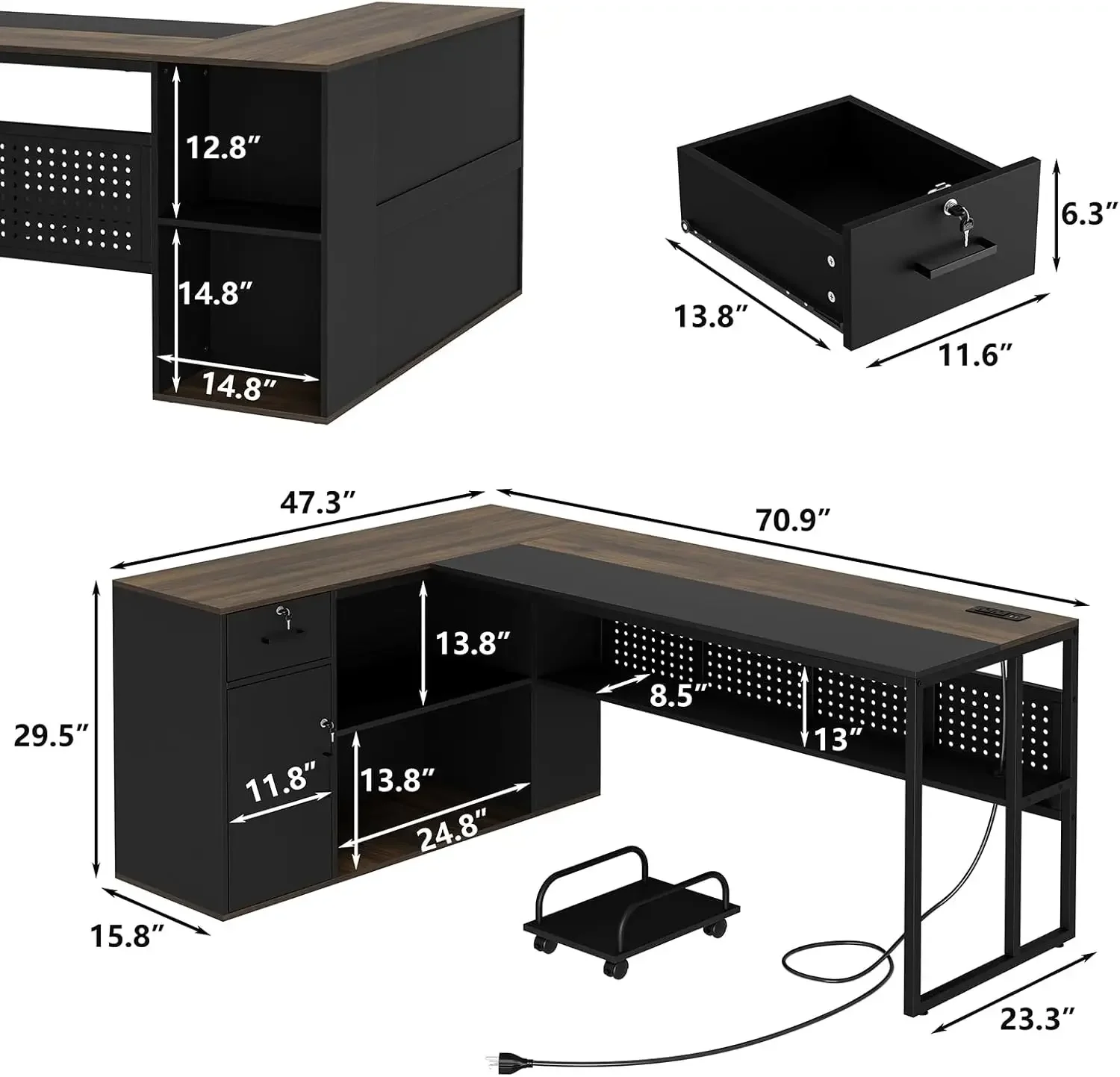 FurniIntropor-Bureau de direction de 71 pouces, bureau en forme de L avec rangement pour armoire, bureau de direction avec étagères, grand bureau de vanité