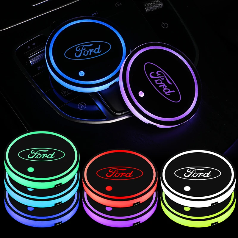 2pcs Car Water Cup Bottle Lamp Auto Holder Mat Pad Luminous Coaster For Ford Fiesta Focus 2 Mk3 F150 Mondeo C-Max Fusion Ranger