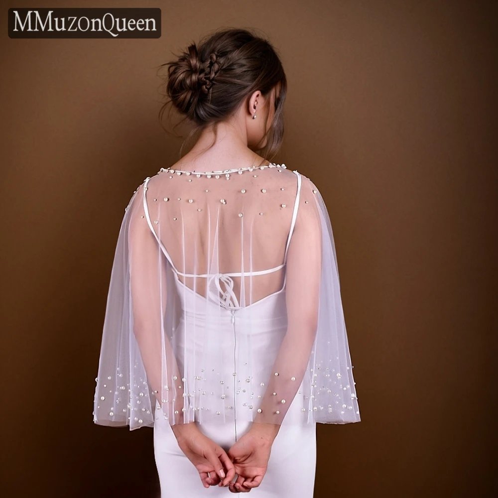 

MMQ MG36 Pearls Bridal Shawl White Woman Evening Dress Bolero Short Coat for Wedding Woman Bride Tulle Jacket DIY Customizable