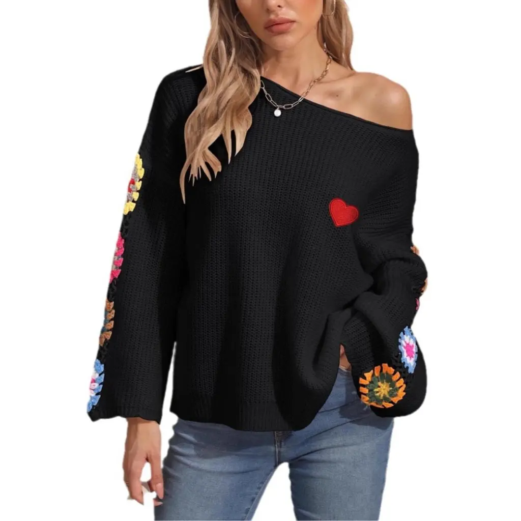 

Women's Pullover Crochet Sweater Autumn Winter Loose Top with European American Style One-character Collar Shoulder Design Hand