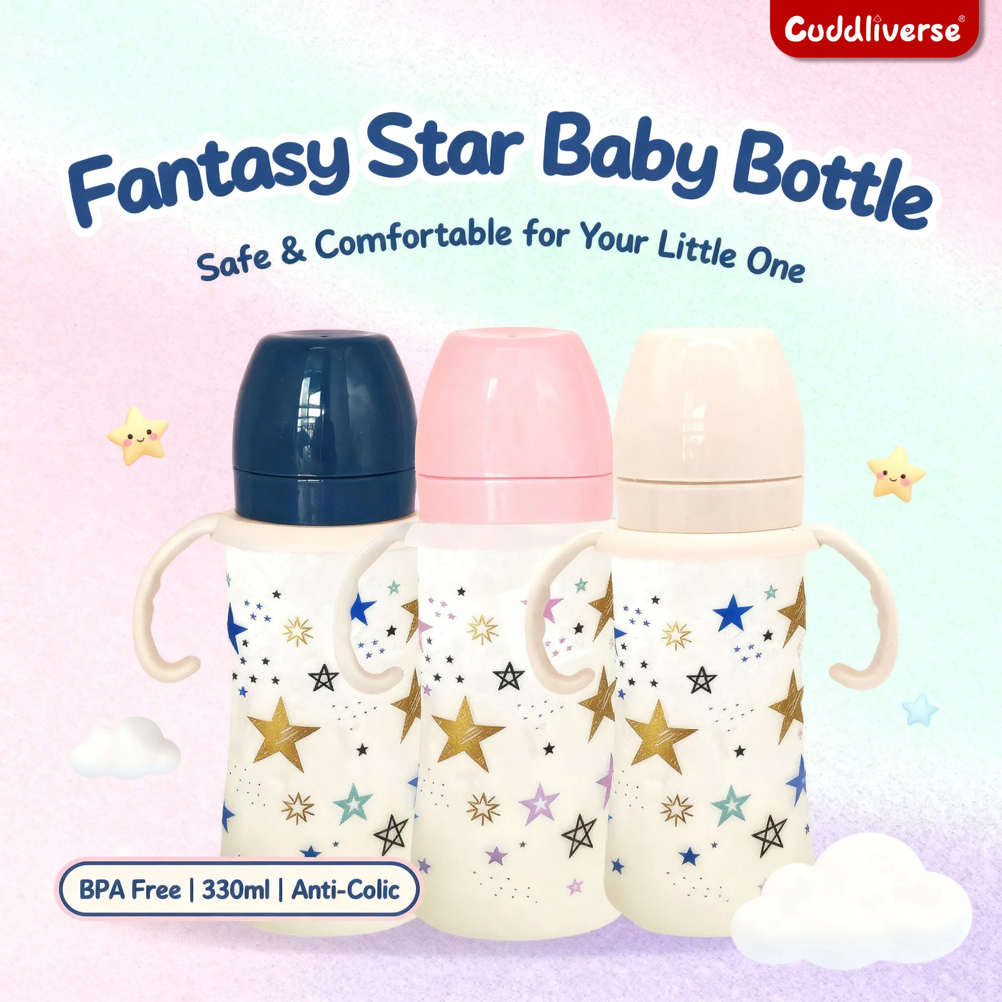 

Baby Boy Ultra-light Anti-fall and Anti-colic Bottle, Cartoon Star Pattern, 330ml Large Capacity Wide-mouth PP Bottle