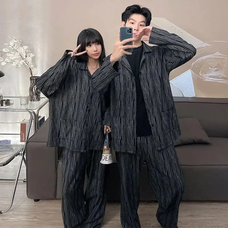 Couple Pajamas for Men Striped Sleepwear Korean Sleeping Night Wear Button Pijama 2 Pcs Pants Sets Autumn Pocket Home Suit 2024