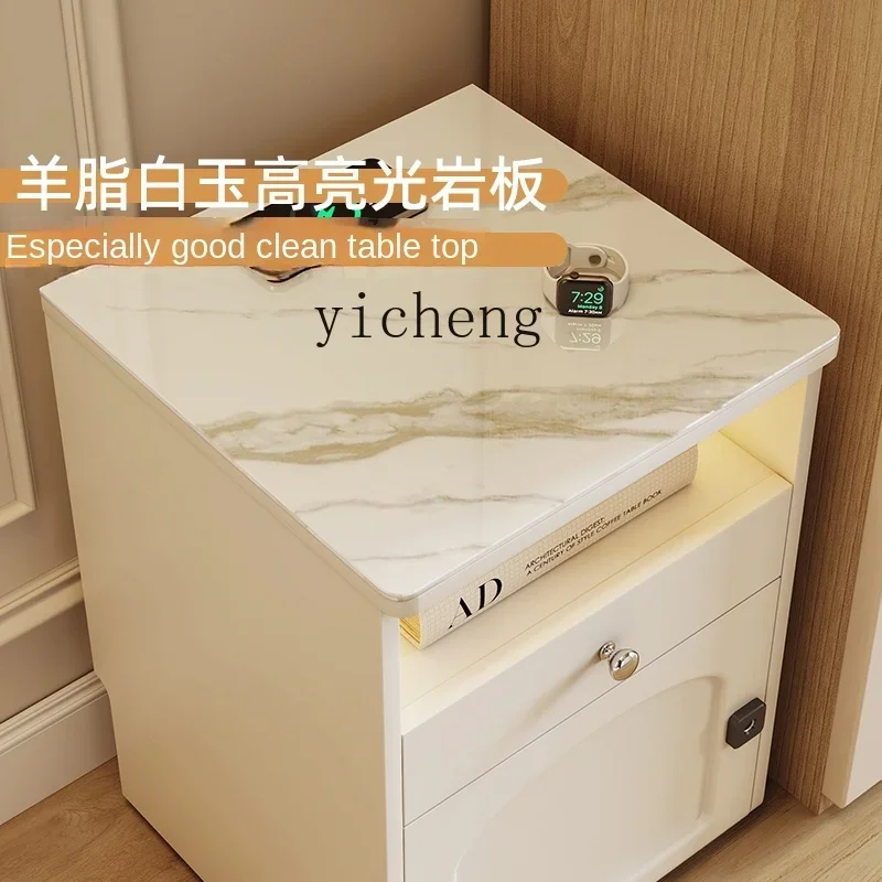 v9.10- French Cream Wind Smart Bedside Table Cream White Rock Slate Countertop Rechargeable Fingerprint Lock Bedside Cabinet