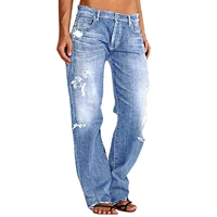 Women Men Denim Pants Casual Ripped Loose Straight Leg Jeans Trousers Trendy Bottoms for Streetwear 2