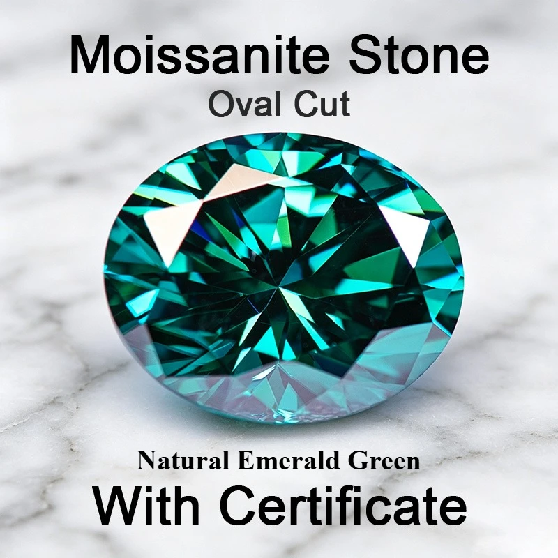Moissanite Stone Oval Cut Natural Emerald Green Gemstone for DIY Jewelry Making Materials Pass Diamond Tester with Certificate