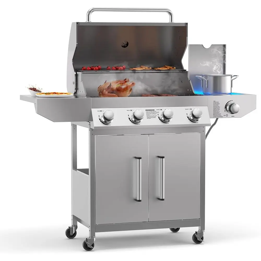 4-Burner Stainless Steel Propane BBQ Grill with Side Burner and Built-in Thermometer for Outdoor Cooking