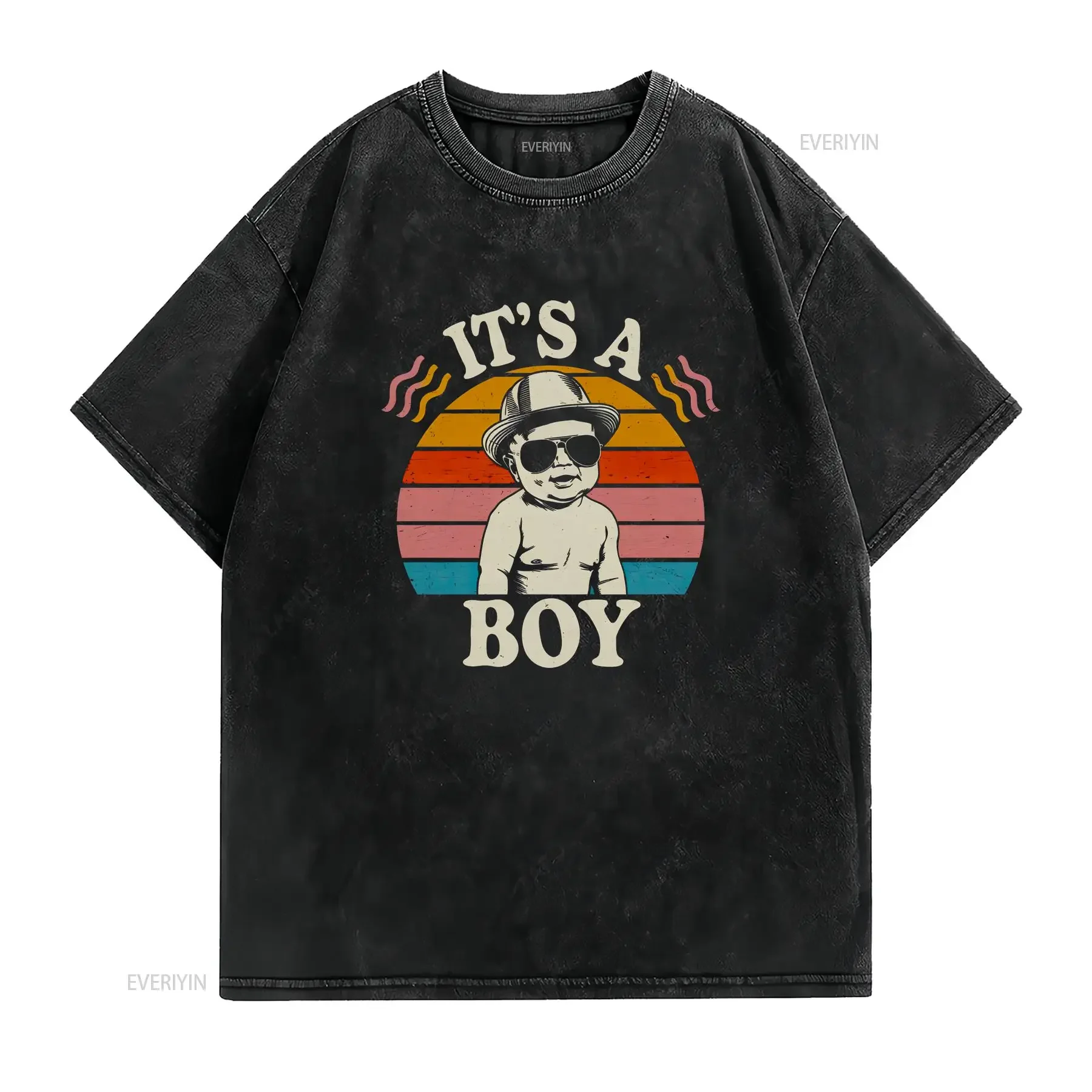 Retro Cool Baby Boy T Shirt Pregnancy Reveal for Moms Fun 'It's A Boy' with Sunset Print Stylish Gender vintage Washed