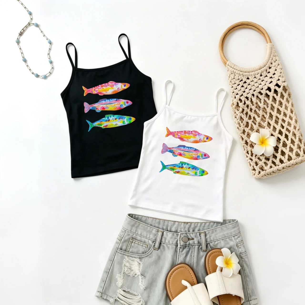 Funny Fish Design Camisole Colorful Marine Print Tank Top Summer Y2K Kawaii Sleeveless Vest Daily Wear Street Fashion Top