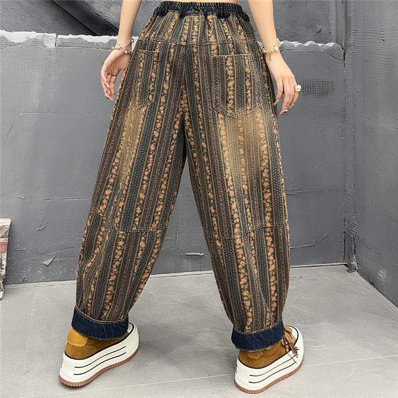 Masss Wasss 2026 Fashion Striped Jeans Womens Loose Vintage Denim Pants Ladies Classic Casual Punk Elastic Waist Harem Trousers