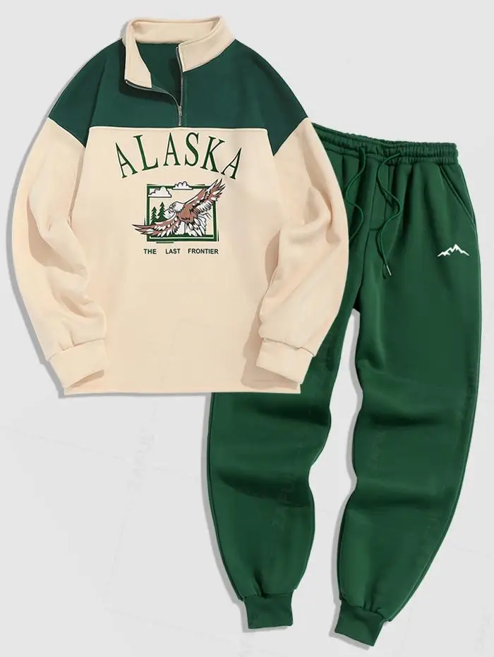 Men\'s ALASKA Graphic Eagle Printed Colorblock Fleece Quarter Zip Sweatshirt And Mountain Pattern Drawstring Jogger Sweatpants Se